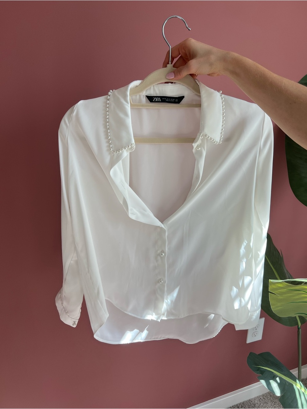 Zara White Pearl-Trim Collared Silk-Look Blouse